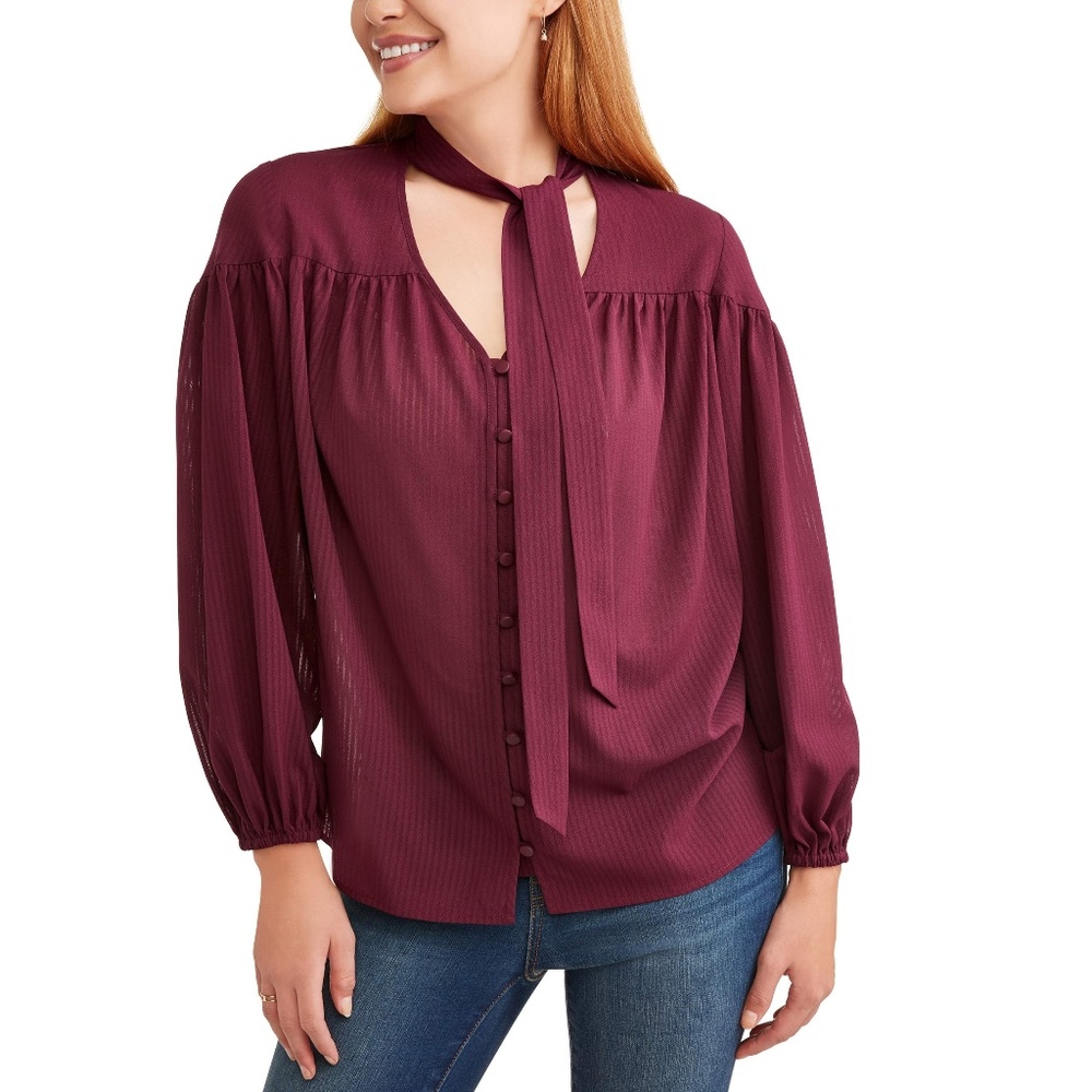 Time and Tru Womens Relaxed Fit Tie Front Blouse Wine Size S M L XL XXL   NWT